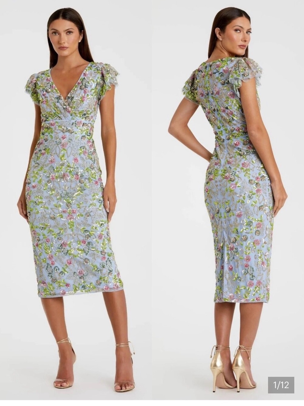 Mac Duggal Light Blue Floral Embroidered Midi Dress